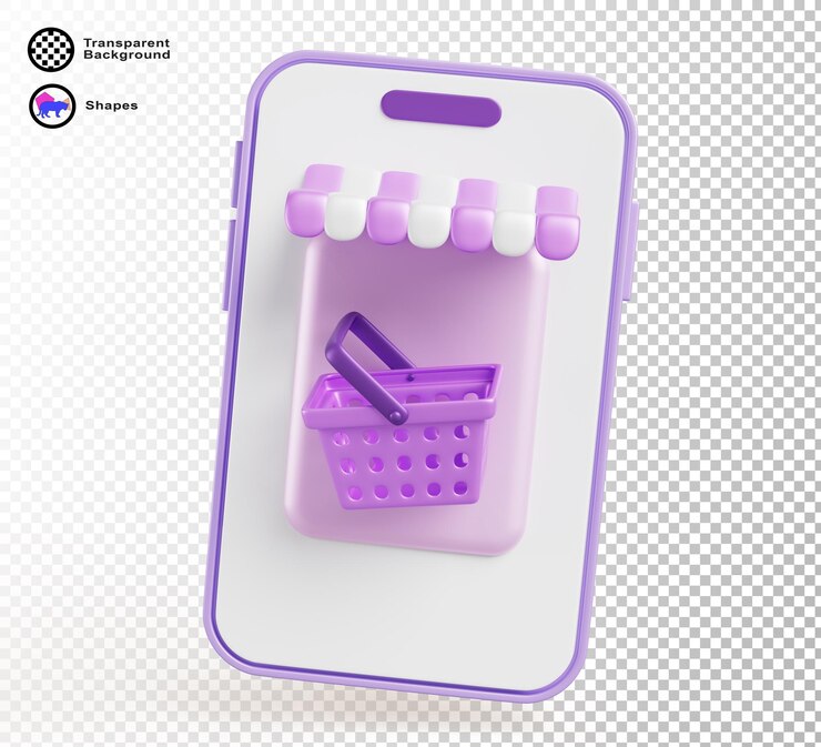 PSD teléfono móvil 3d con toldo de tienda y canasta en pantalla para aplicación de compras en línea canopy de tienda en teléfono inteligente entrega de comestibles del supermercado icono de renderizado aislado de dibujos animados