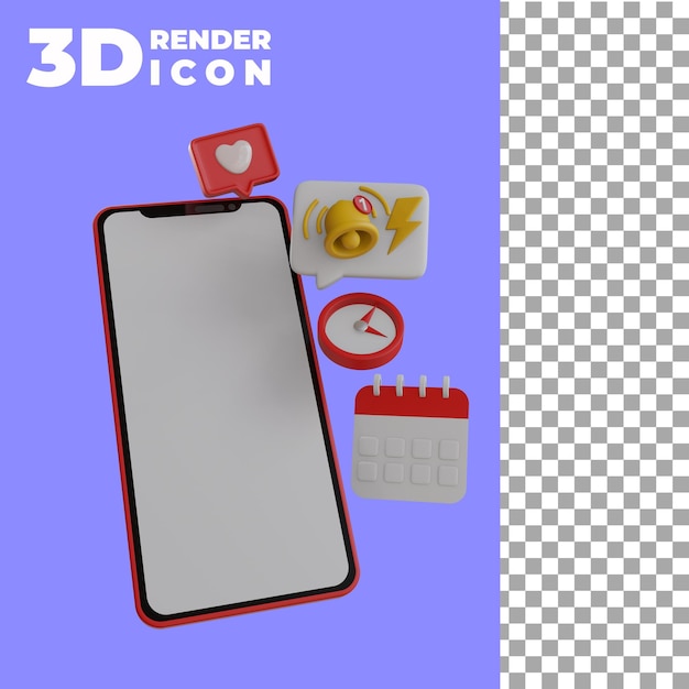 Teléfono móvil con icono 3d de recordatorio de notificación