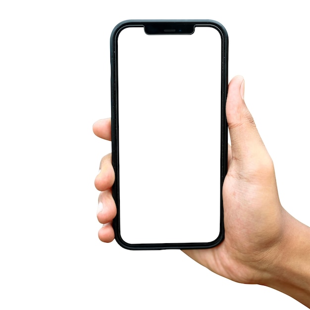 Teléfono móvil en mano con espacio de copia en pantalla aislado en blanco maqueta de teléfono móvil con espacio en blanco