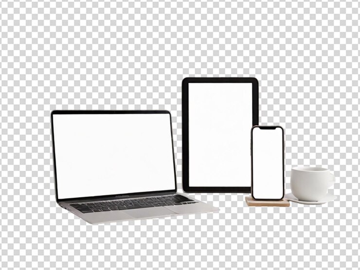 PSD un teléfono móvil de pantalla en blanco con portátil y pantalla wiled en un fondo transparente