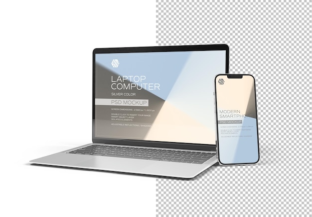 Teléfono móvil y portátil aislado en blanco Mockup