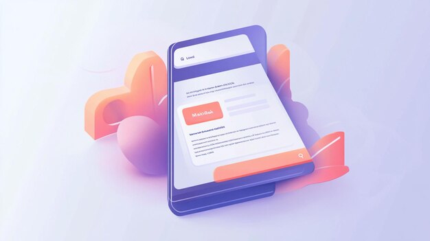 Teléfono móvil que muestra una página web con un botón de registro rodeado de formas 3D abstractas
