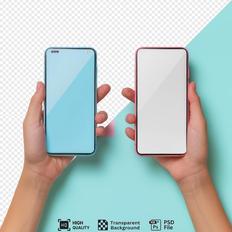 teléfonos inteligentes transparentes en manos aislados en un fondo transparente con una pared azul en el fondo y el brazo y la mano de una persona visibles en primer plano png