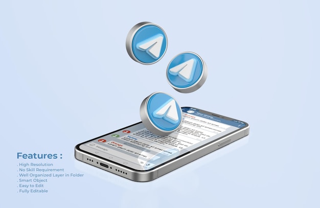 Telegram em silver mobile phone mockup