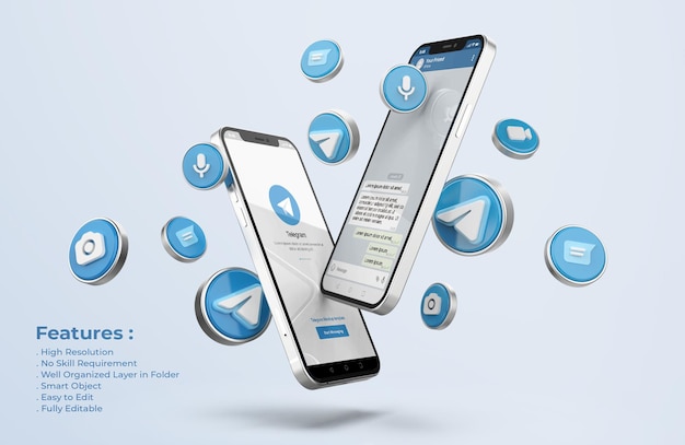 Telegram em silver mobile phone mockup