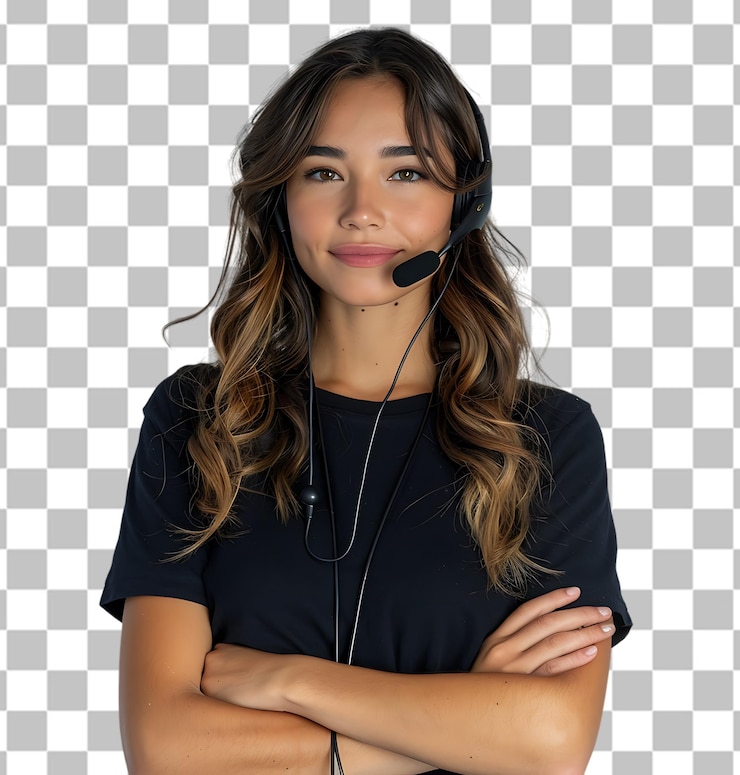 PSD telemarketer bella donna uruguaiana che lavora con un auricolare su uno sfondo trasparente