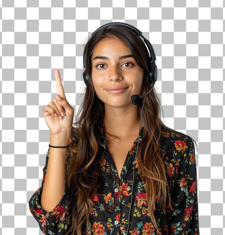 PSD telemarketer mujer uruguaya bonita trabajando con auriculares en un fondo transparente
