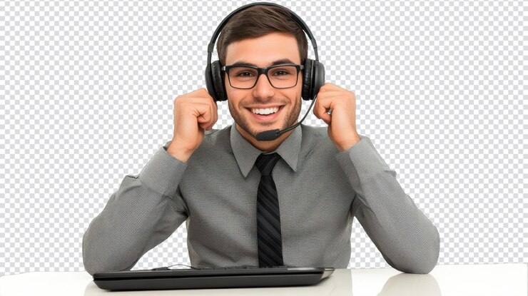 PSD telemarketer participando en una conversación telefónica para uso comercial