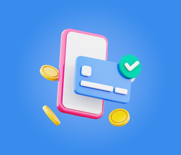 Telemóvel com cartão símbolo de pagamento móvel bem sucedido ilustração 3D