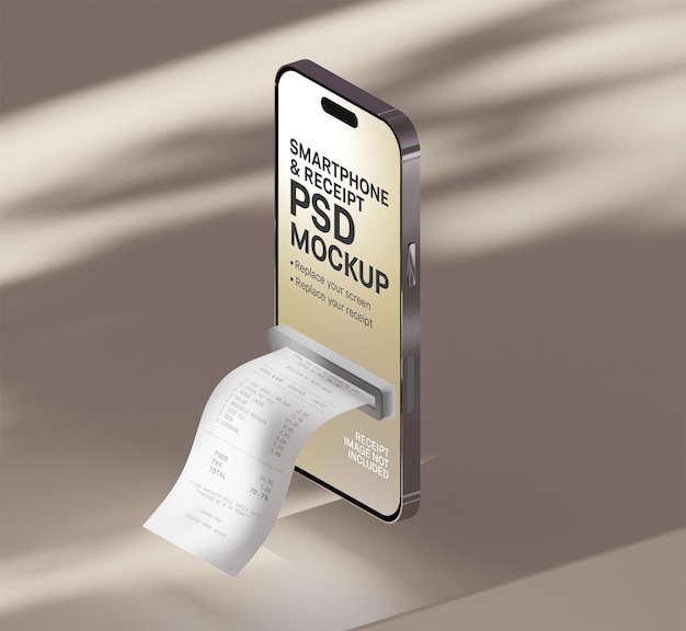 Telemóvel com fatura de recibo de loja psd mockup renderização 3d