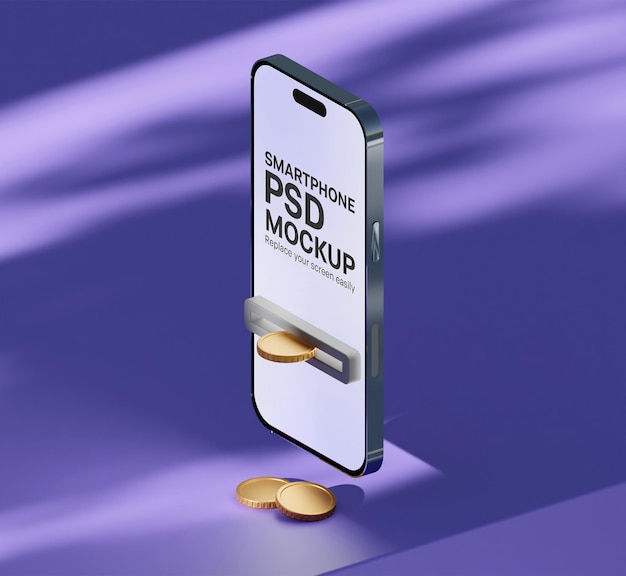 PSD telemóvel com moedas atm retirada 3d render psd mockup