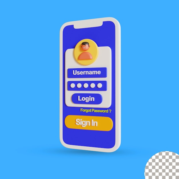 PSD téléphone 3d avec un compte utilisateur pour se connecter au site web sur fond transparent