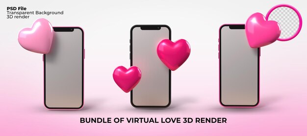 Téléphone d'amour virtuel de rendu 3D et objet de coeur rose couleur date mariage