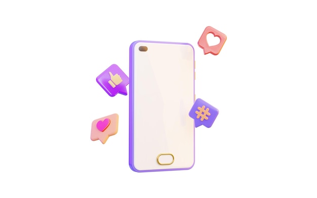 PSD un téléphone blanc avec un écran violet qui indique les médias sociaux et les goûts.