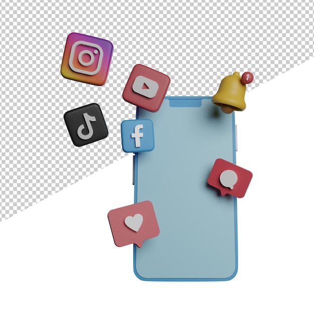 Téléphone avec élément de médias sociaux vue de face illustration de rendu 3d fond transparent