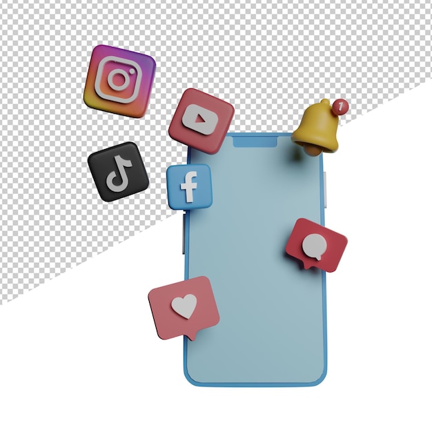 PSD téléphone avec élément de médias sociaux vue de face illustration de rendu 3d fond transparent