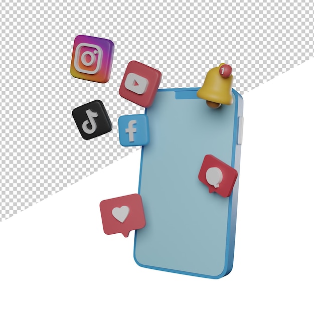 Téléphone avec élément de médias sociaux vue latérale rendu 3d illustration fond transparent