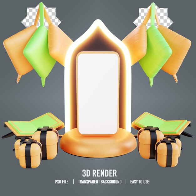 Téléphone D'illustration 3d Ramadan Néon Avec Ketupat Coran Et Objet Boîte-cadeau