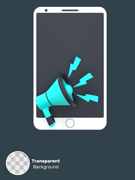 PSD téléphone intelligent 3d et mégaphone pour fond transparent de marketing mobile