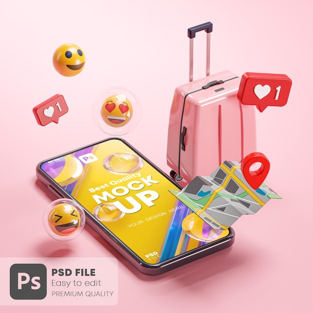 Téléphone Maquette Rose Valise Carte Emoji Voyage En Ligne Concept De Vacances Rendu 3D