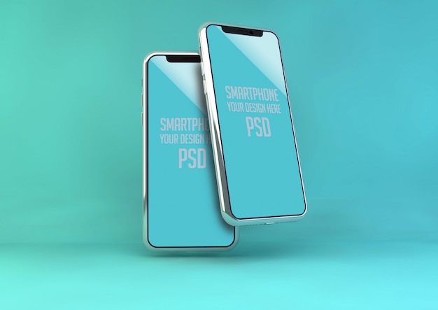 PSD téléphone portable maquette sur mur pastel bleu