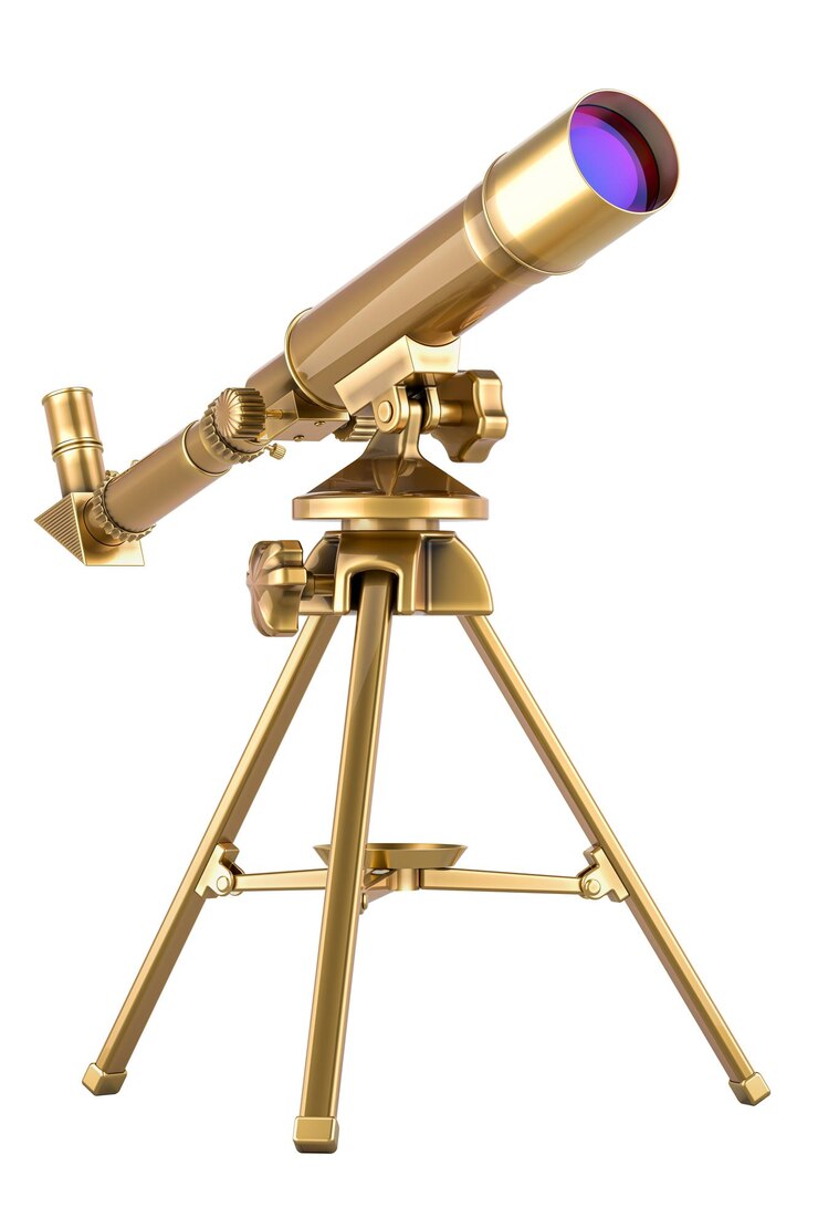 PSD telescopio dorado con trípode de acero resistente renderización 3d aislado en un fondo transparente