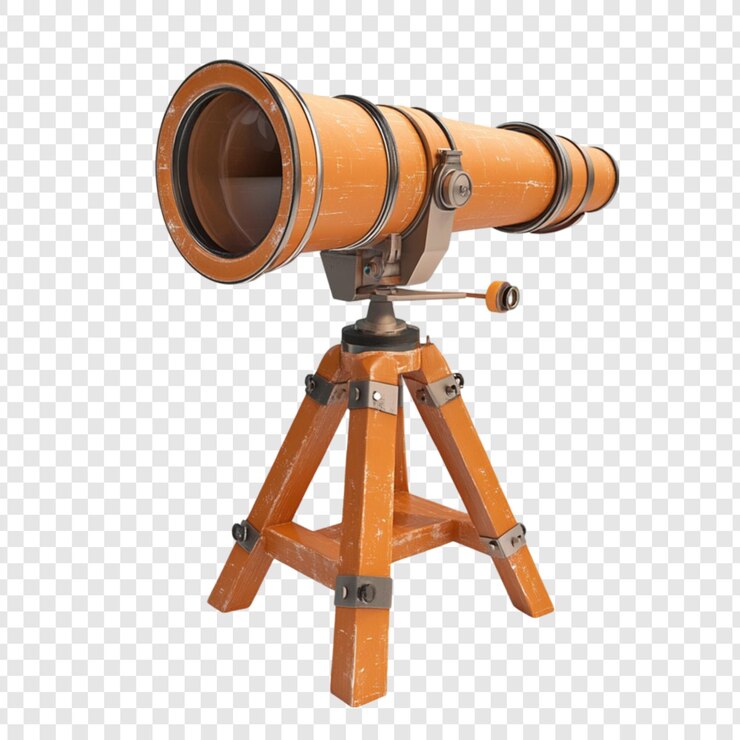PSD telescopio naranja en un trípode de madera aventura de exploración y descubrimiento