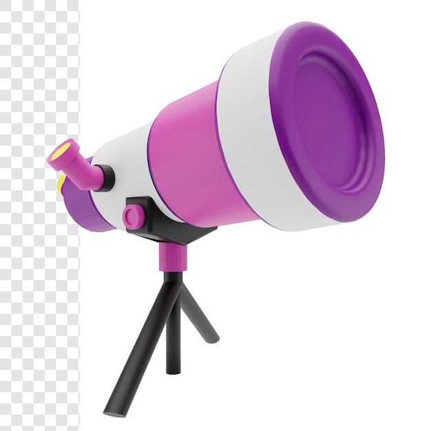 Telescopio de representación 3D en estilo de dibujos animados de trípode aislado sobre fondo blanco