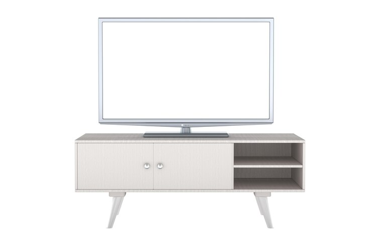 PSD téléviseur intelligent à écran transparent sur support pour téléviseur vue avant en couleur blanche rendu 3d isolé sur fond transparent