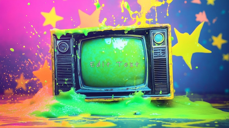 PSD la televisión retro sumergida en el vibrante limo verde neón contra un telón de fondo de estallido de estrellas