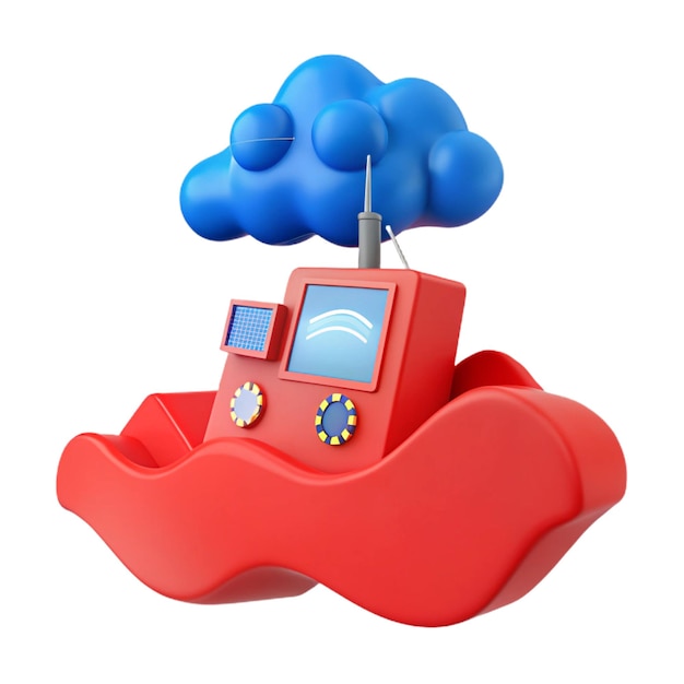 un televisor de Lego rojo en un objeto rojo con nubes azules en él