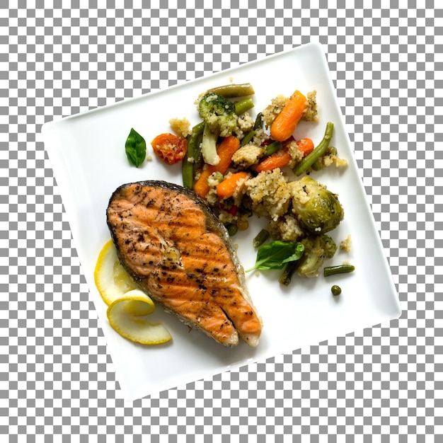 Teller mit Essen und Lachs isoliert auf transparentem Hintergrund