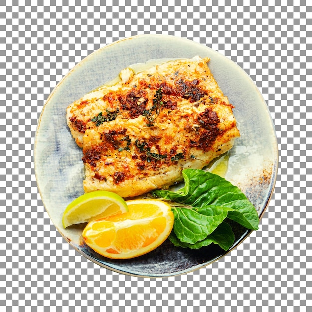 Teller mit gebratenem Fisch mit einer Zitronenscheibe auf transparentem Hintergrund