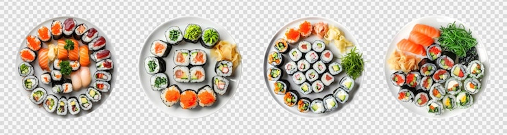 PSD teller mit sushi-rollen mit verschiedenen füllungen und eingelegtem ingwer auf durchsichtigem hintergrund