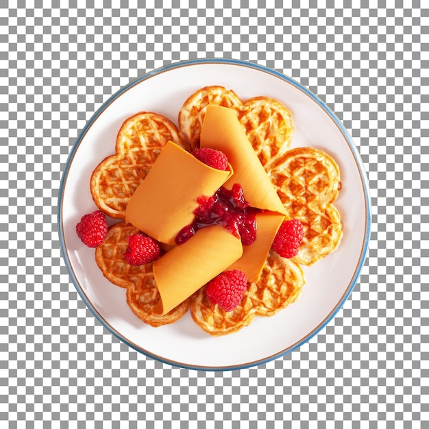 Teller mit Waffeln mit Käse und Himbeeren auf transparentem Hintergrund