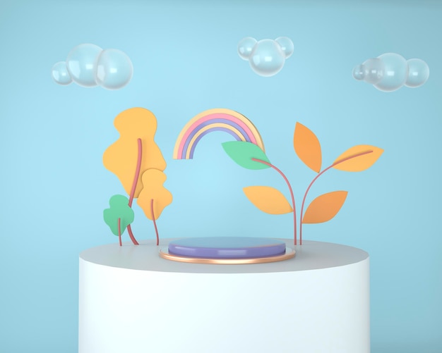 Telón de fondo abstracto para exhibición de productos, podio con árboles y plantas, ilustración 3d