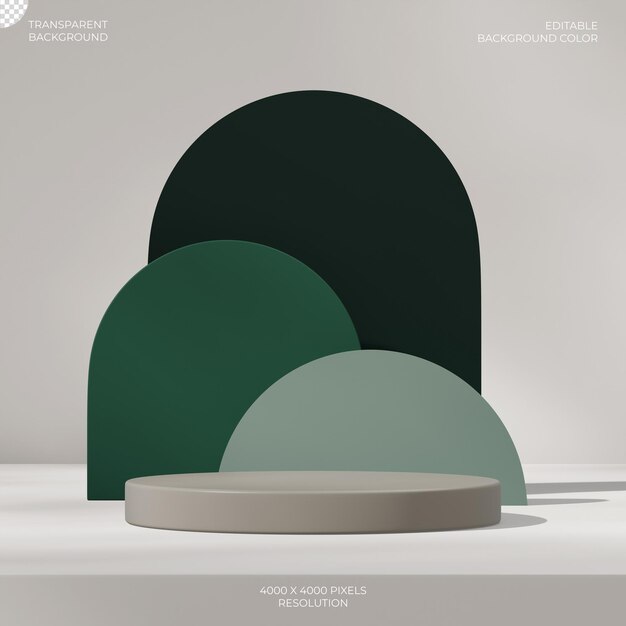 en un telón de fondo de arco verde cuadrado que representa el fondo transparente 3D del podio de cilindro beige