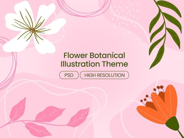 tema de ilustração botânica de flores com fundo natural rosa em branco