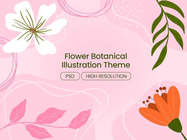 PSD tema de ilustração botânica de flores com fundo natural rosa em branco