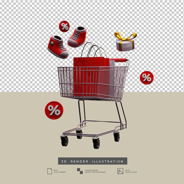 PSD tema de natal do carrinho de compras de venda com ícone de desconto e caixa de presente com arco de ouro ilustração 3d