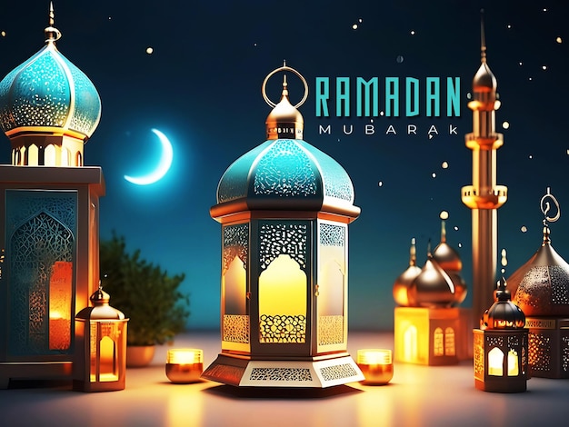 tema del Ramadan a colori vibranti con lanterne islamiche e illustrazione di moschee rendering 3D