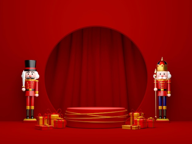 Tema navideño de podio geométrico para producto con cascanueces, ilustración 3d