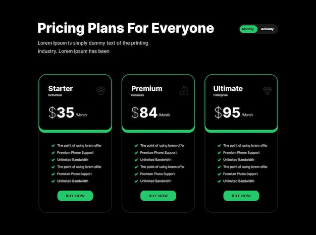 Tema oscuro de diseño de plantilla de tabla de precios de 3 planes