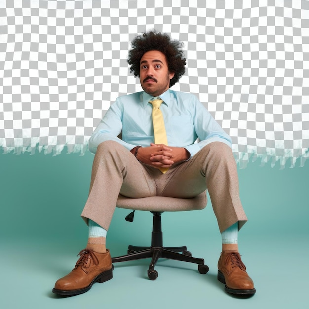 PSD temeroso funcionário de escritório do oriente médio cabelo pervertido sentado com as pernas estendidas fundo pastel turquesa