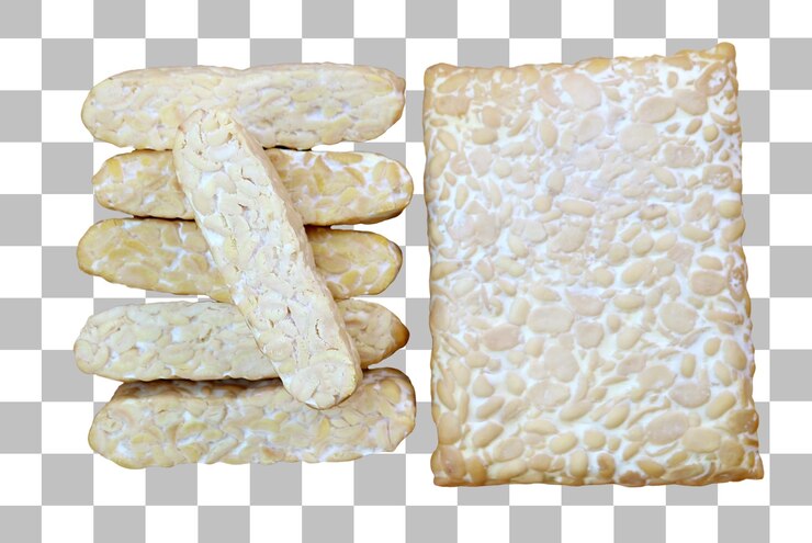 PSD tempeh fresco entero y cortado fuente de proteínas vegetales altas aisladas en un fondo transparente