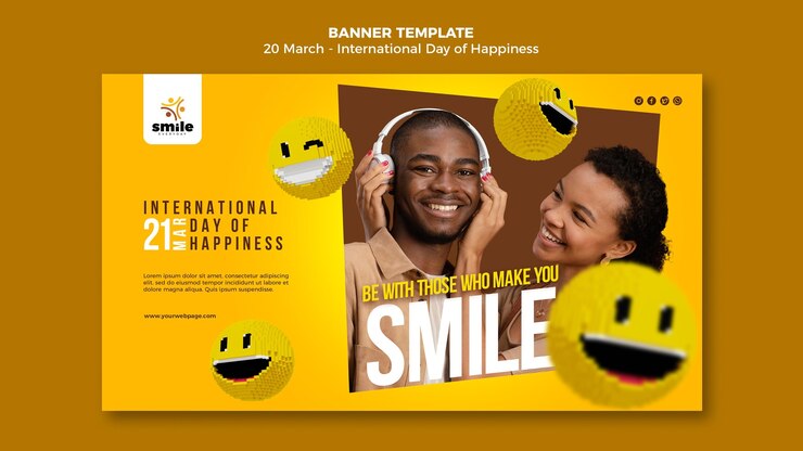 PSD templat banner hari kebahagiaan internasional dengan foto