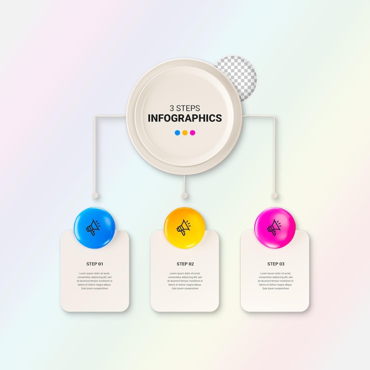 PSD templat infografis modern untuk bisnis dengan label multi langkah multiwarna render 3d
