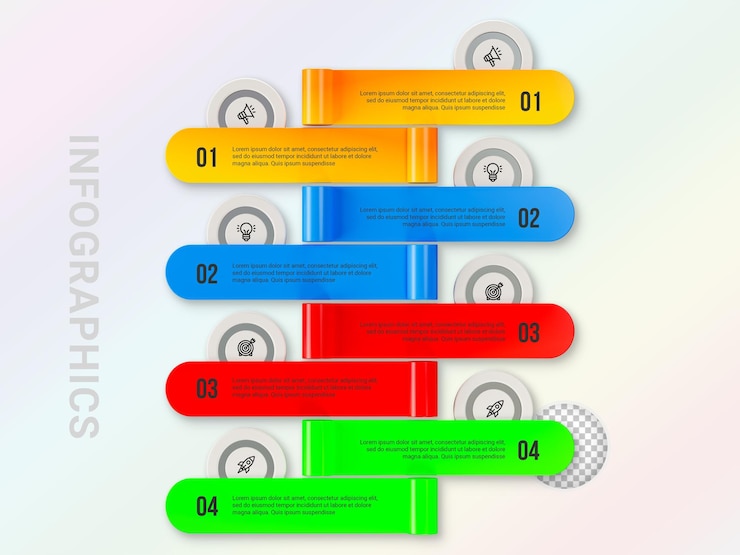 PSD templat infografis modern untuk bisnis dengan label multi langkah multiwarna render 3d