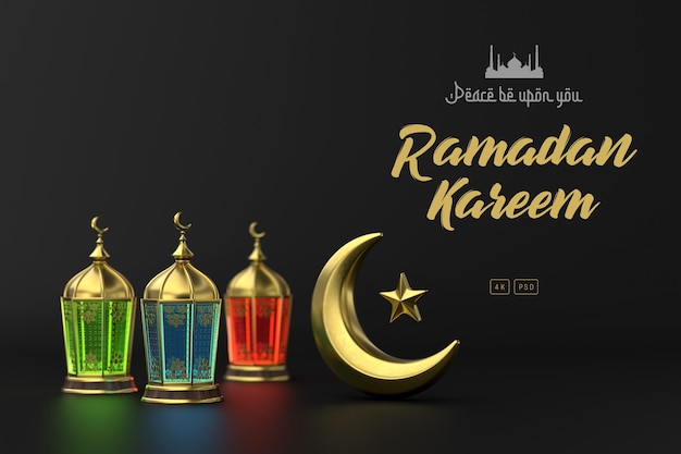 Templat latar belakang desain kartu ucapan 3D Islami Ramadan Kareem dengan lentera yang indah