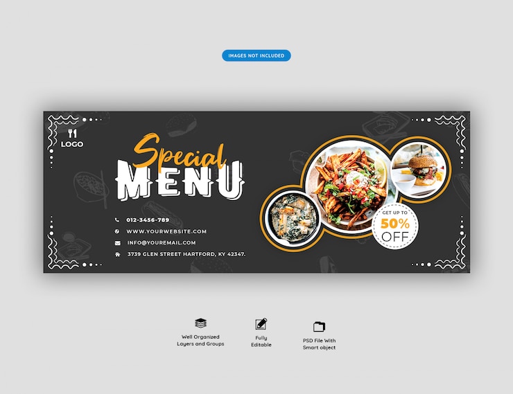 PSD templat menu makanan dan sampul facebook restoran